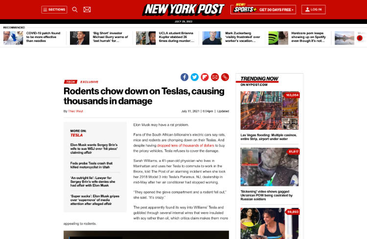 New York Post article: Rodents chow down on Teslas, causing thousands in damage